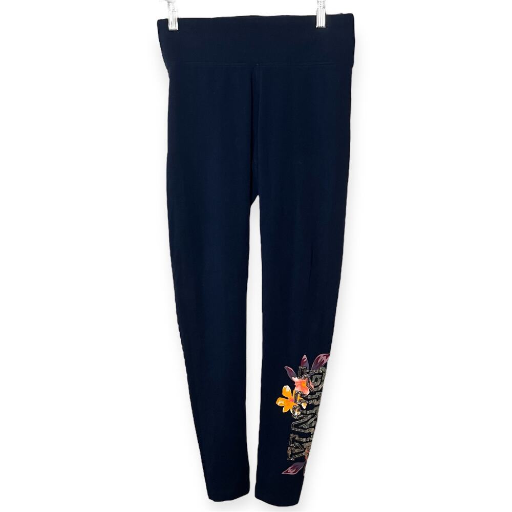 NWOT PINK Bling Sequin Floral Yoga Leggings Navy Blue Cotton Comfy Size Small - Picture 2 of 8